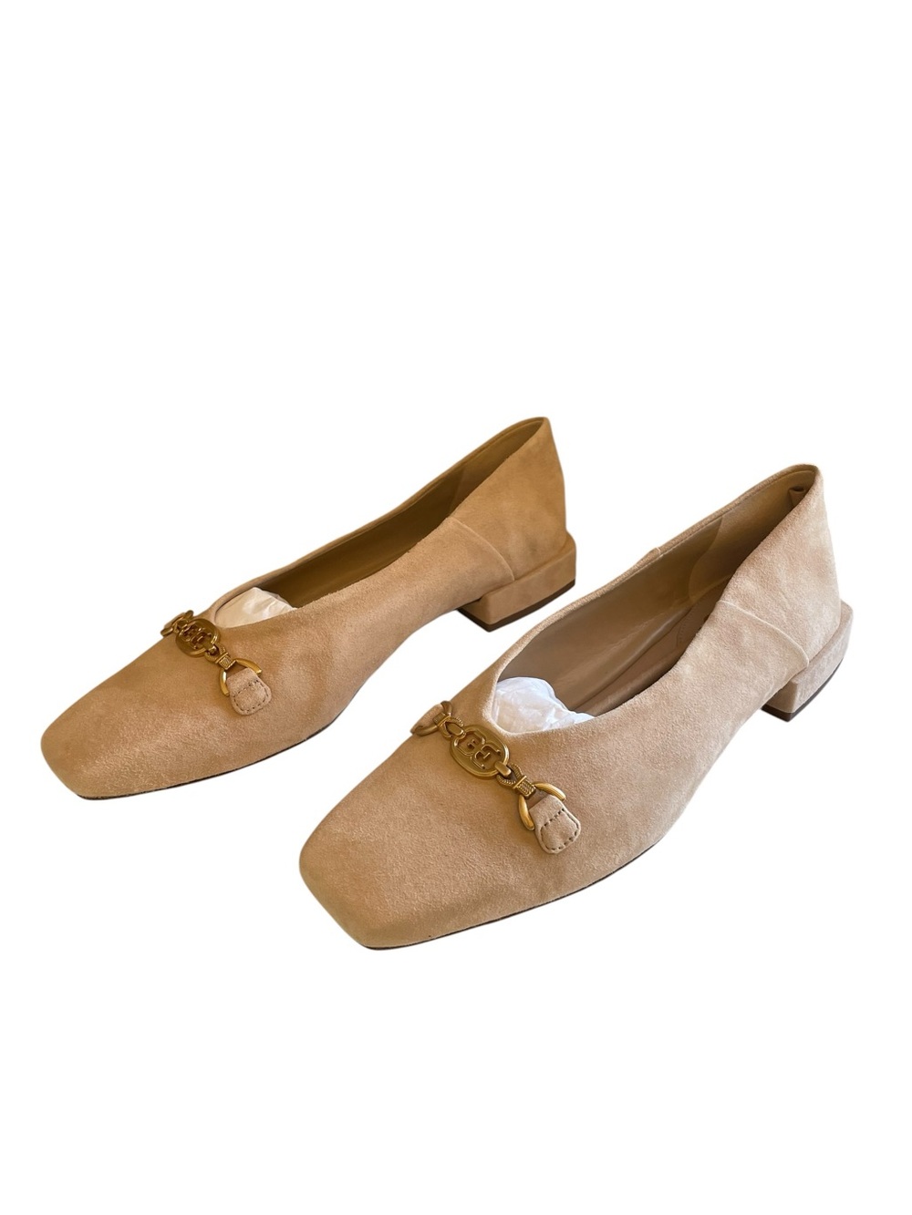 Sam Edelman Kimmi Flats Golden Tan Suede Square Toe Gold Tone Hardware NWOT